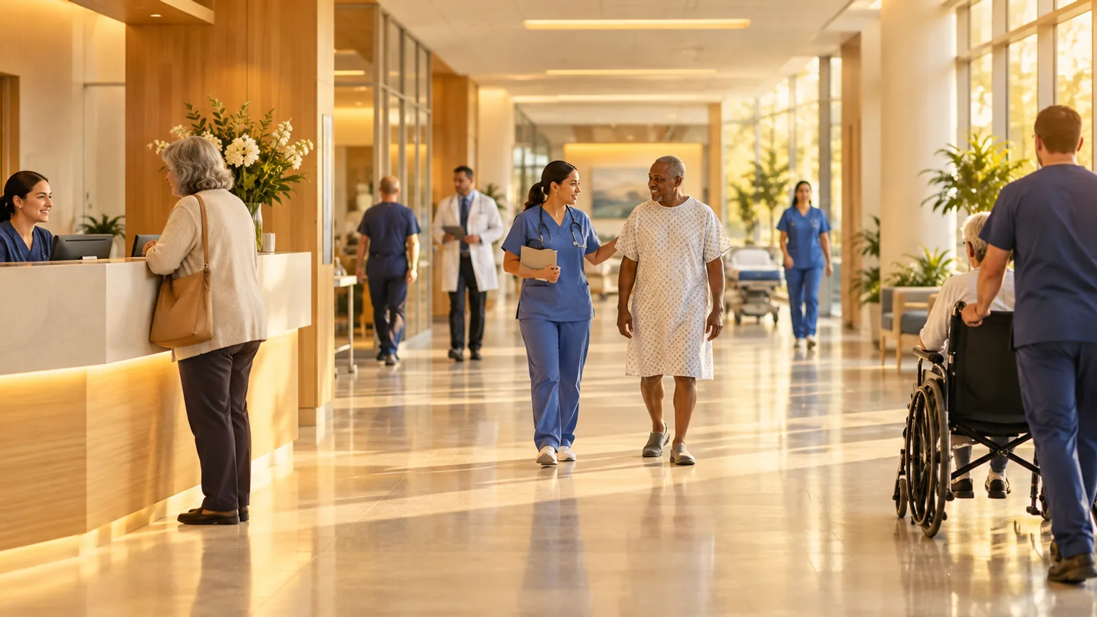Profissional de saúde orientando um paciente em corredor de hospital organizado