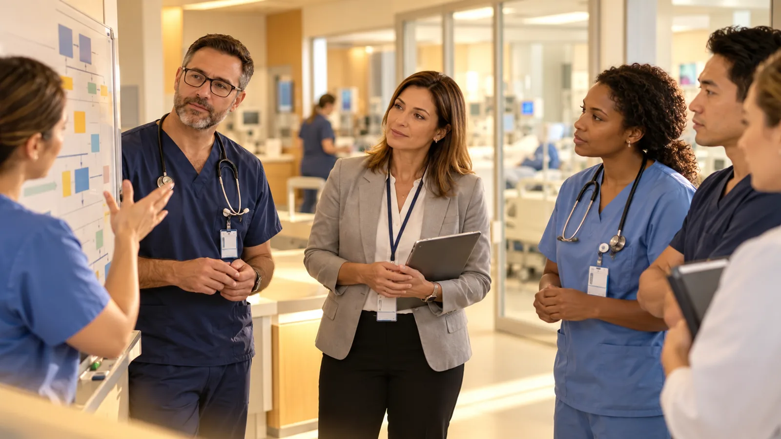 Gestora hospitalar conversando com equipe clínica durante uma reunião de qualidade e segurança