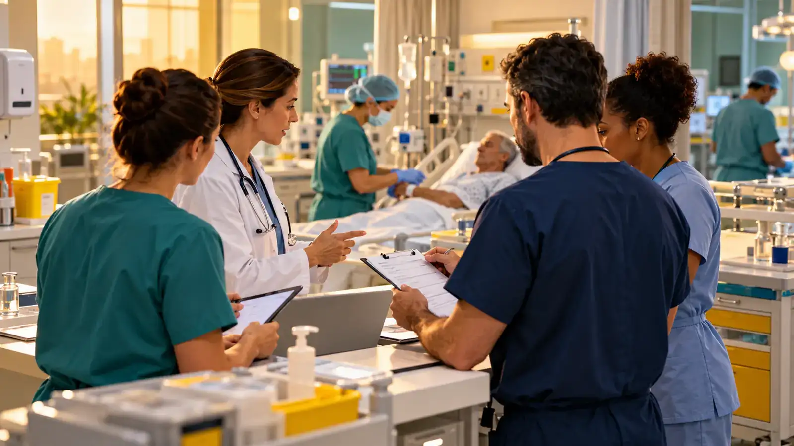 Equipe hospitalar conferindo a identificação do paciente e protocolos de segurança em ambiente clínico