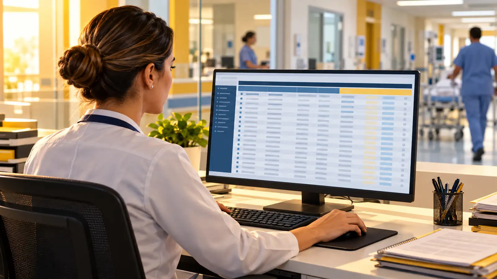 Analista de faturamento hospitalar consultando tabela de procedimentos do SUS em computador