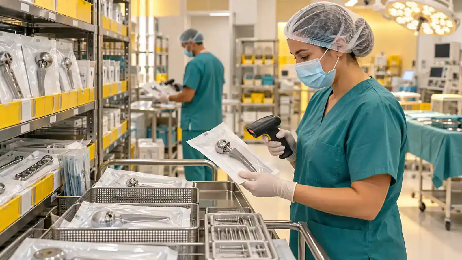 Profissional de hospital conferindo identificação e estoque de órteses, próteses e materiais especiais
