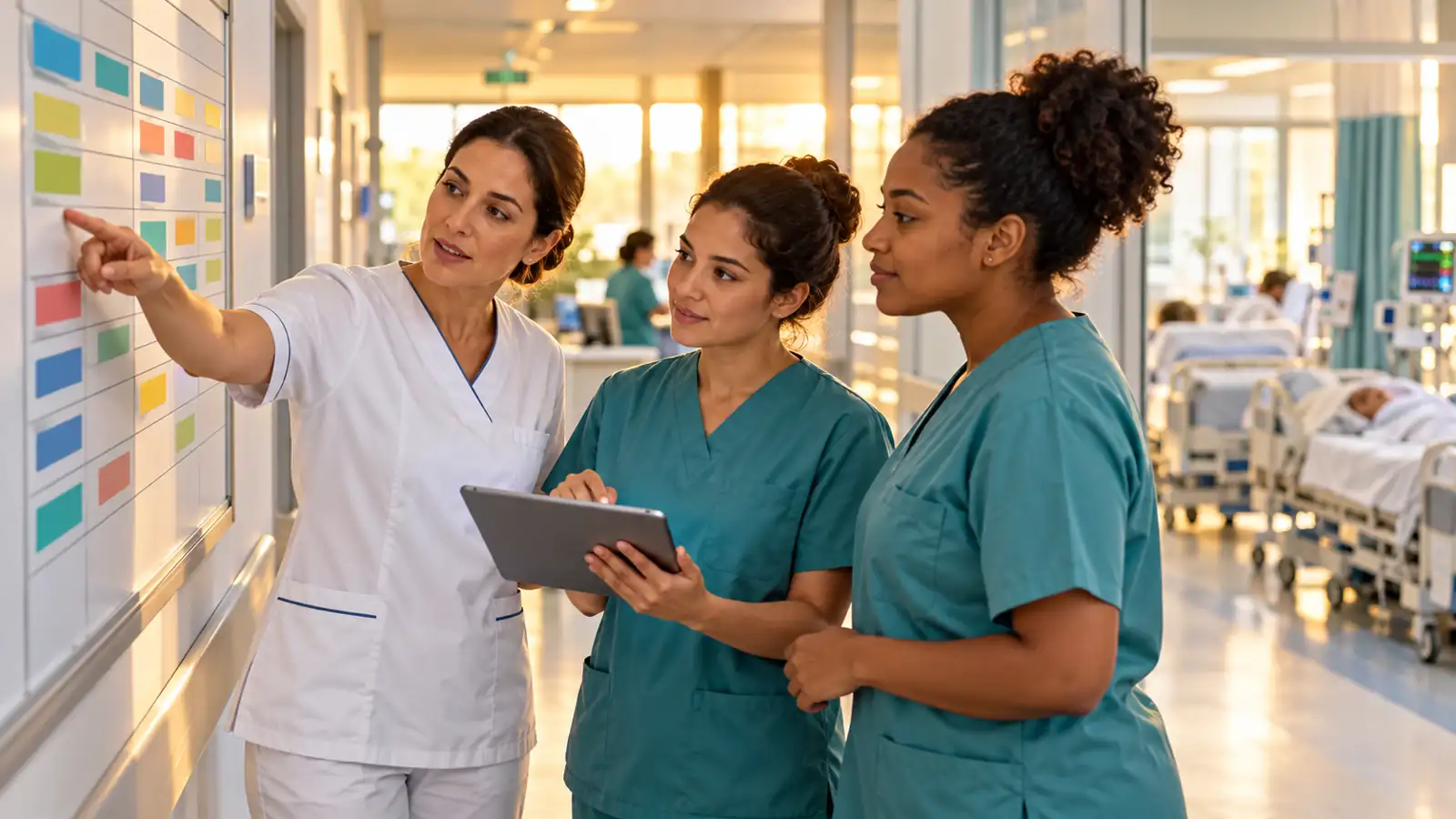 Equipe de enfermagem planejando distribuição de profissionais conforme demanda assistencial da unidade