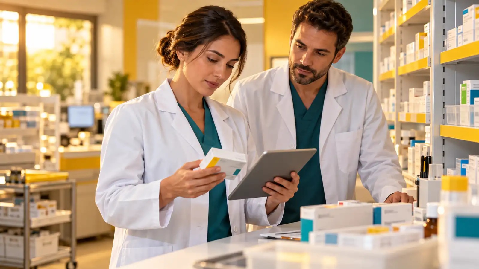 Profissionais de farmácia hospitalar analisando embalagem de medicamento e registro de segurança