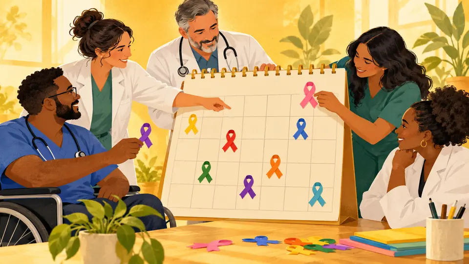 Ilustração de equipe de saúde planejando campanhas do calendário anual