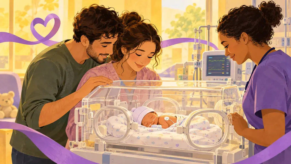 Ilustração de família e profissional junto a bebê em cuidado neonatal