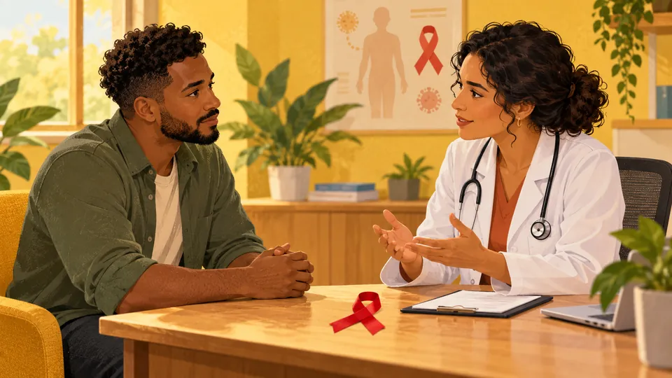 Ilustração de consulta acolhedora sobre prevenção do HIV