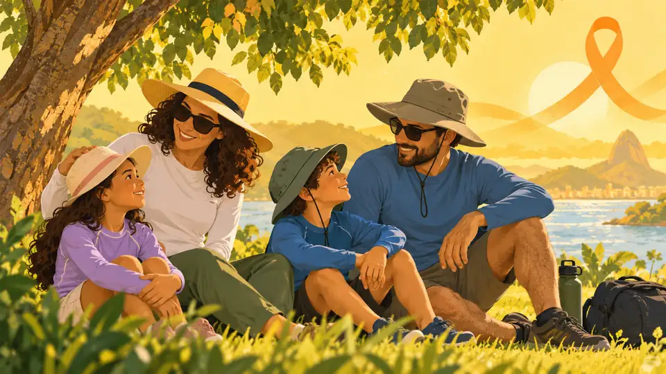Ilustração de família protegida do sol com roupas, chapéus e sombra