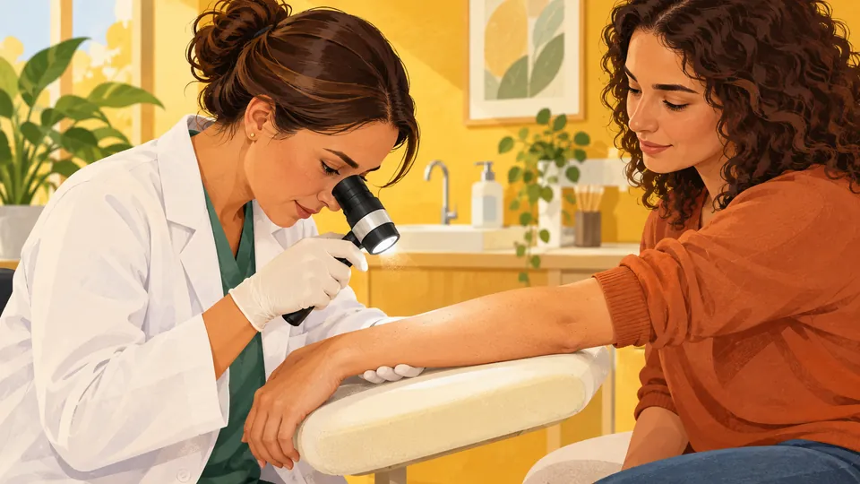 Profissional examina uma altera&ccedil;&atilde;o na pele com dermatosc&oacute;pio