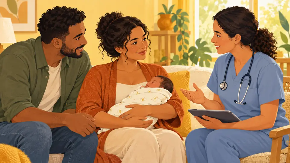 Família recebe orientação sobre acompanhamento do bebê depois da alta