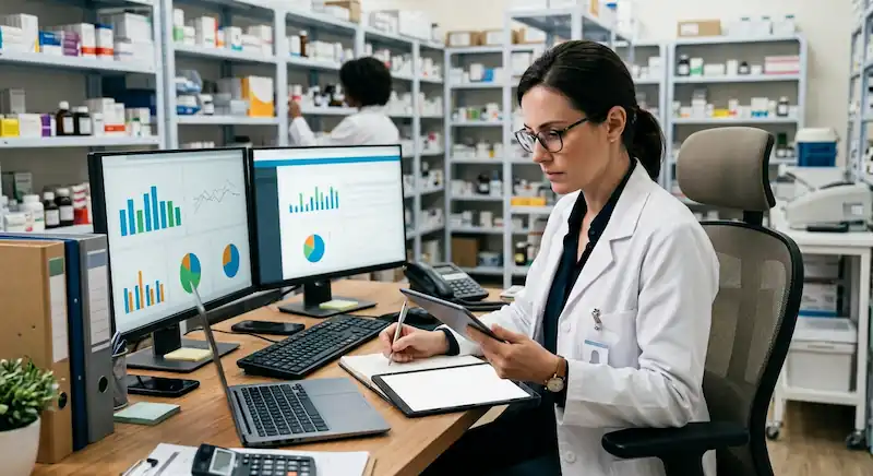 Profissional analisa indicadores de estoque e dispensação