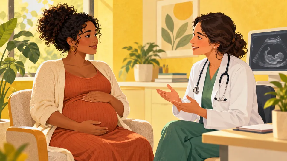 Gestante conversa com profissional durante acompanhamento pré-natal