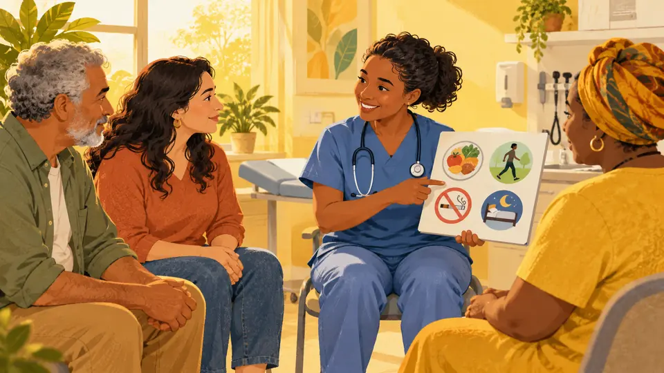 Profissional orienta pacientes sobre prevenção em consulta