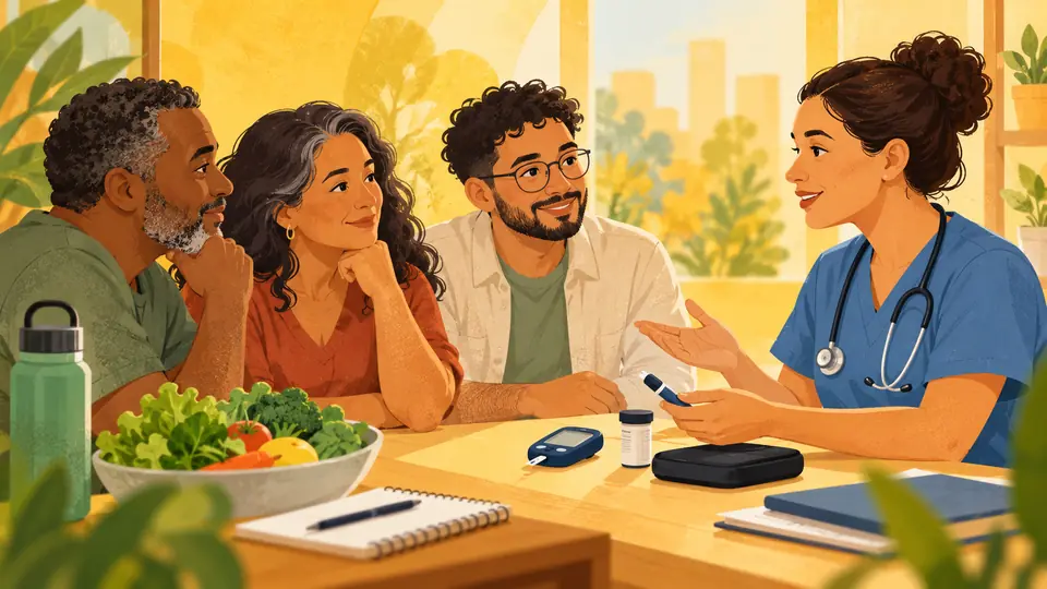 Profissional orienta grupo de adultos sobre cuidados com diabetes